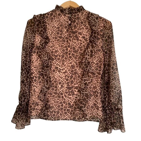 ANTHRO Rachel Parcell Leopard Print Ruffled High Neck Blouse XS Top Boho Neutral - Picture 4 of 6